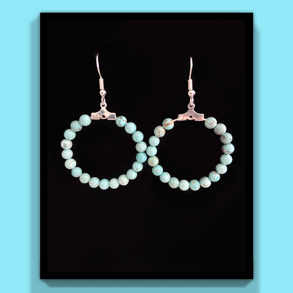 Silver Hoops earrings with Turquoise bead accents